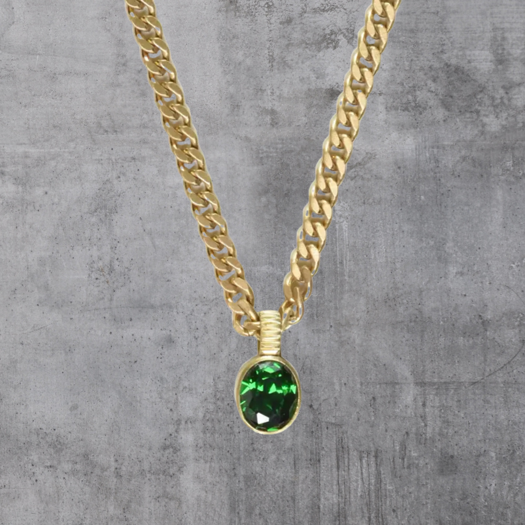 Green Zircon Pendant Necklace With Brass Chain